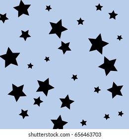 Black stars on a blue background.  Vector star confetti splash isolated on blue background. Pattern with small stars. Modern Creative Pattern. Vector image, EPS10.