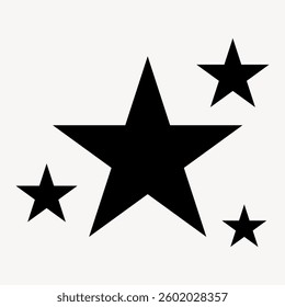 Black stars on a white background. Three stars, different sizes. Simple star design. Minimalist star pattern. Star shapes in black and white. Minimal shape vector.