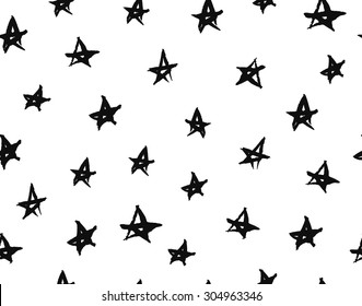 Black stars on white background, modern pattern. Sketch stars seamless pattern. Vector seamless texture. 