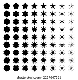 Black stars set with different angles. Geometric star badges.