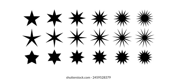 Black stars set in multi-pointed shape on white background. Stars Vector in different shape. 