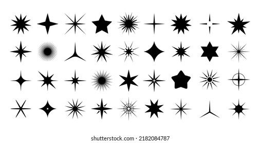 Black stars shapes set. Graphic minimal star rays, sparkling silhouette modern symbols. Geometric twinkle icons, different christmas, party, festive racy vector elements