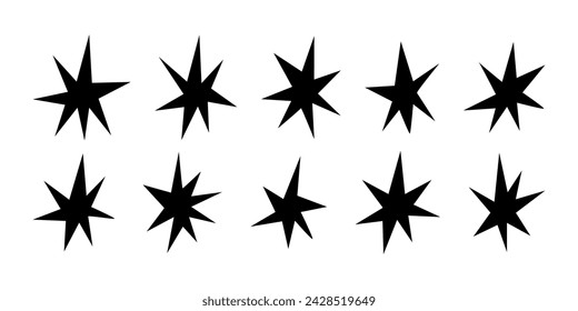 Silueta de estrellas negras. Conjunto de siluetas starburst aislado sobre fondo blanco. Burbujas negras de discurso de estallido. Ilustración geométrica aleatoria de vector abstracto formas de estrella. Siluetas de agujero negro