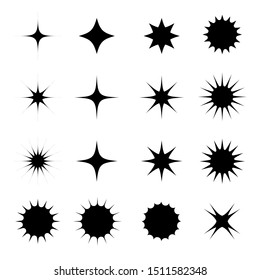 Black stars sparkles icon vector collection. Bright firework, decoration twinkle, shiny flash. Gleam light of explosion or fireworks rays. 