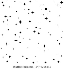 Black stars and sparkles on white background, starburst pattern, vector illustration.