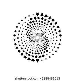 Black stars spiral vortex circle logo isolated on white background. Star burst vector symbol.