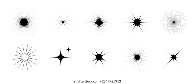 Black stars and twinkles set. Retro blink collection. Abstract simple starburst shine effect pack. Design element template for poster, banner, logo, card, icon, label, collage, tag. Vector bundle
