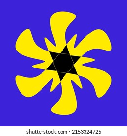 Black stars and yellow rays on their sides, on a blue background