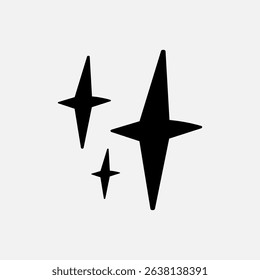 Black star-shaped sparkles on a light gray background. Three sparkles of varying sizes create a simple, minimalist design. Sparkles add a touch of elegance. Starburst illustration vector.