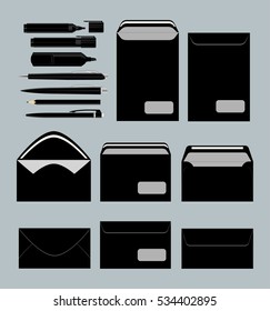 Black stationary set. Envelopes and blanks and documents. Office papers.