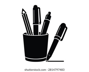 Black Stationery Set Including Pens Pencils And Marker In Holder