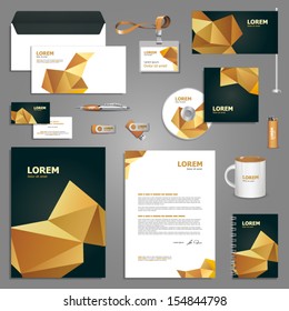 Black stationery template design with golden origami elements. Documentation for business.