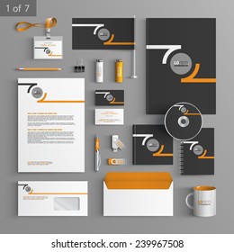 Black stationery template design with orange round elements of structure. Documentation for business.