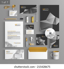 Black stationery template design with origami elements. Documentation for business.