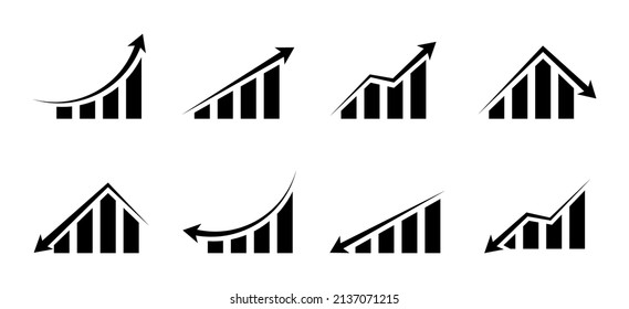 Black statistic graph icon set. Growing bar graph icon set. Business graphs and charts icons. Statistics and analytics vector icon. Statistic and data, charts diagrams down or up arrow. Vector graphic