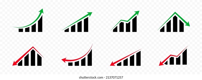 Black statistic graph icon set. Growing bar graph icon set. Business graphs and charts icons. Statistics and analytics vector icon. Statistic and data, charts diagrams down or up arrow. Vector graphic