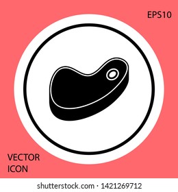 Black Steak meat icon isolated on red background. White circle button. Vector Illustration