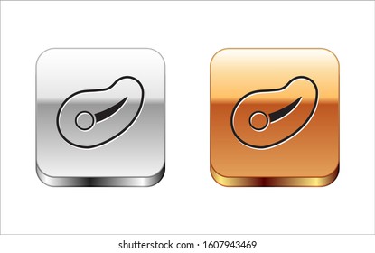 Black Steak meat icon isolated on white background. Silver-gold square button. Vector Illustration