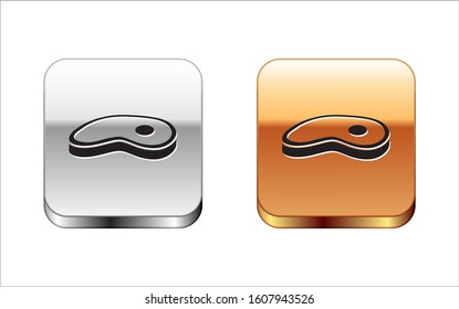 Black Steak meat icon isolated on white background. Silver-gold square button. Vector Illustration