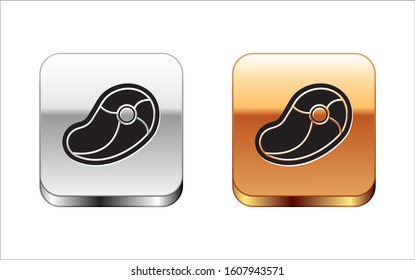 Black Steak meat icon isolated on white background. Silver-gold square button. Vector Illustration