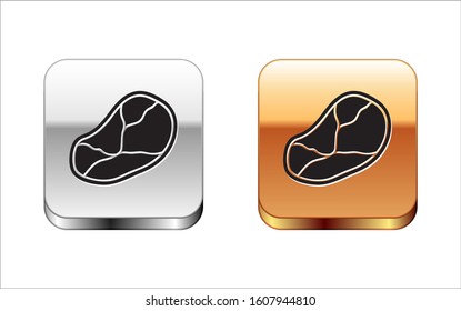 Black Steak meat icon isolated on white background. Silver-gold square button. Vector Illustration