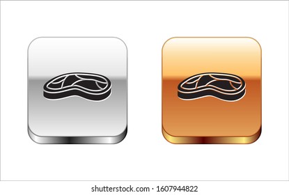 Black Steak meat icon isolated on white background. Silver-gold square button. Vector Illustration