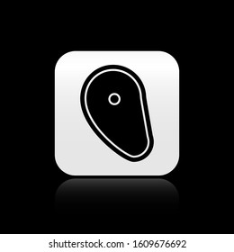 Black Steak meat icon isolated on black background. Silver square button. Vector Illustration