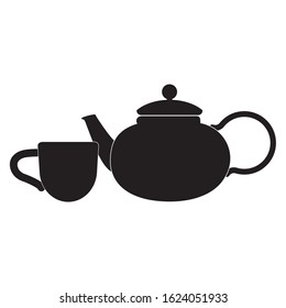 Black steam teapot and cup for tea and hot drinks icon on a white background isolate. Vector silhouette for advertising banners, business cards, packaging.