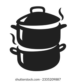 Black steamer icon with hot steam, hand drawn illustration.