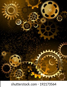 Black steampunk background with gold and brass gears.