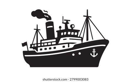 Black steamship silhouette vector illustration isolated on white background