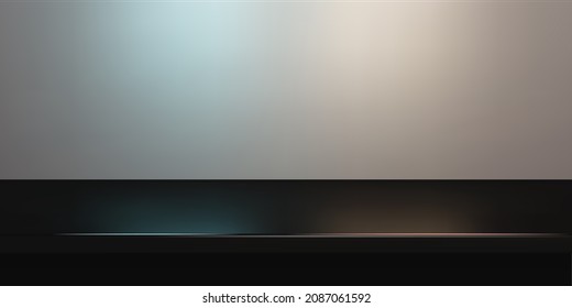 Black steel countertop, empty shelf. Vector realistic mockup of table top, kitchen counter on gray background with spot light. Bar desk surface in foreground - Shutterstock ID 2087061592