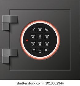 Black steel safe door. Armored box background. Door safe bank vault combination lock. Reliable data protection. Long-term savings. Deposit box safe icon. Protect personal information. Safe lock banner