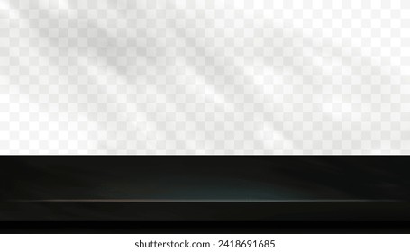 Black Steel tabletop with sunlight leaves shadow on concrete wall transparent background.Vector backdrop studio banner mockup for display product present