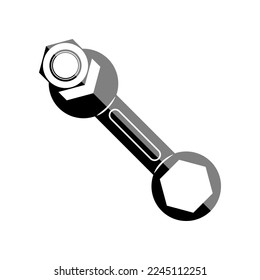 Black steel wrench with nut bolt hexagon top view on white background logo icon flat vector design.