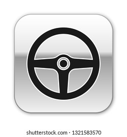 Black Steering wheel icon isolated on white background. Car wheel icon. Silver square button. Vector Illustration