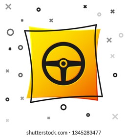 Black Steering wheel icon isolated on white background. Car wheel icon. Yellow square button. Vector Illustration