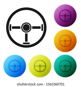 Black Steering wheel icon isolated on white background. Car wheel icon. Set icons colorful circle buttons. Vector Illustration