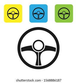 Black Steering wheel icon isolated on white background. Car wheel icon. Set icons colorful square buttons. Vector Illustration