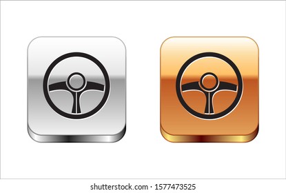 Black Steering wheel icon isolated on white background. Car wheel icon. Silver-gold square button. Vector Illustration