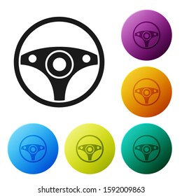 Black Steering wheel icon isolated on white background. Car wheel icon. Set icons colorful circle buttons. Vector Illustration