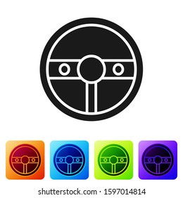 Black Steering wheel icon isolated on white background. Car wheel icon. Set icons in color square buttons. Vector Illustration