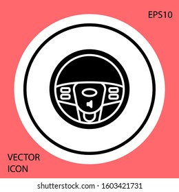 Black Steering wheel icon isolated on red background. Car wheel icon. White circle button. Vector Illustration