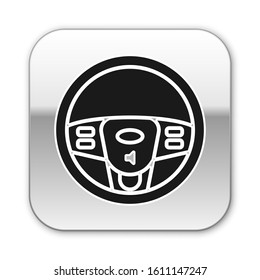 Black Steering wheel icon isolated on white background. Car wheel icon. Silver square button. Vector Illustration