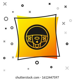 Black Steering wheel icon isolated on white background. Car wheel icon. Yellow square button. Vector Illustration