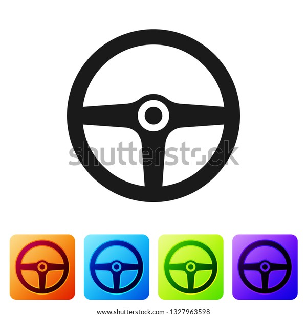 Black Steering wheel icon isolated on white\
background. Car wheel icon. Set icon in color square buttons.\
Vector Illustration