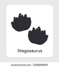 Black stegosaurus footprints silhouette on a white square background with rounded corners. The text Stegosaurus is written below the footprints. Vector illustration