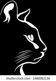 Black stencil of cat's muzzle on white background, side view, vector hand drawing 