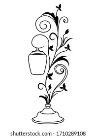 Black stencil of decorative table lamp with leaves isolated on white background, vector icon logo