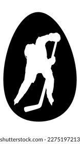 Black stencil of Easter egg. Child hockey player with stick. Flat illustration. Clipart. 	  
